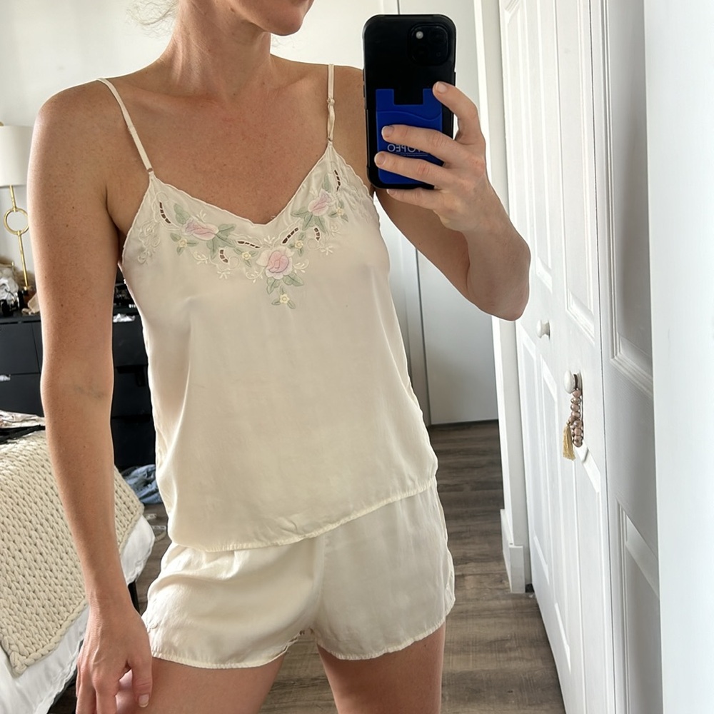 Vintage Cream Floral Embroidered Pajama Set